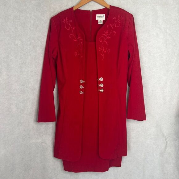 Fashion Bug Power Red Velvet Attached Embroidered Jacket Dress Sz 10P - Picture 8 of 11